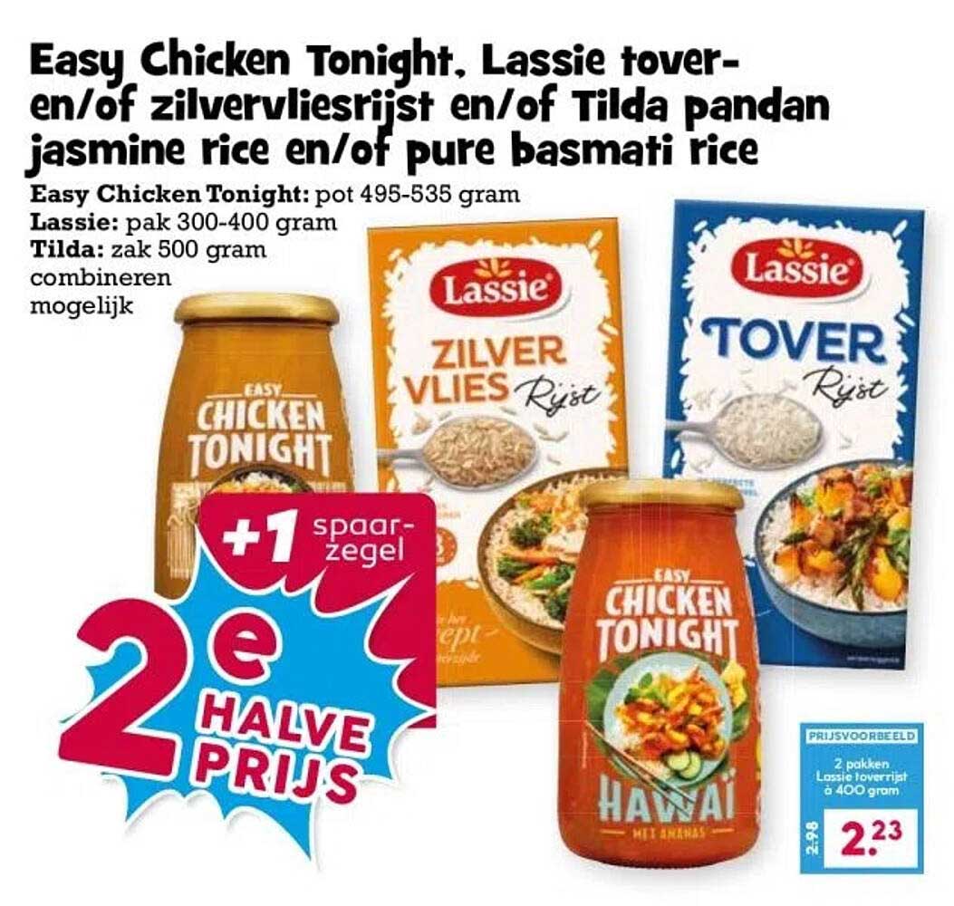 Easy Chicken Tonight, Lassie tover- en/of zilvervliesrijst en/of Tilda pandan jasmine rice en/of pure basmati rice
