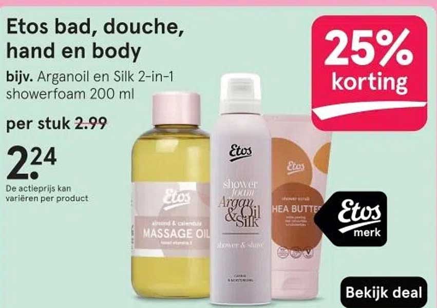 Etos bad, douche, hand en body / bijv. Arganoil en Silk 2-in-1 showerfoam 200 ml
