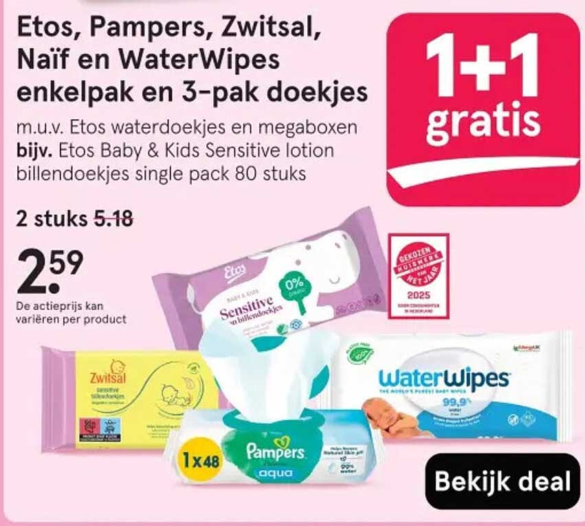 Etos, Pampers, Zwitsal, Naïf en WaterWipes enkelpak en 3-pak doeken