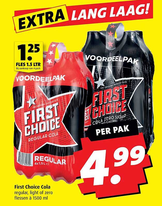 First Choice Cola regular, light of zero flessen à 1500 ml