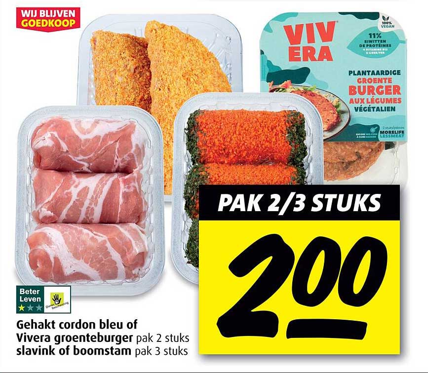 Gehakt cordon bleu of Vivera groenteburger pak 2 stuks slavink of boomstam pak 3 stuks
