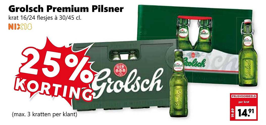 Grolsch Premium Pilsner krat 16/24 flesjes à 30/45 cl.