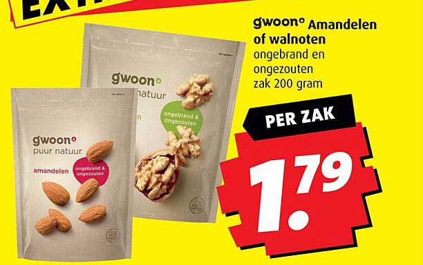 gwoon® Amandelen of walnoten ongebrand en ongezouten zak 200 gram