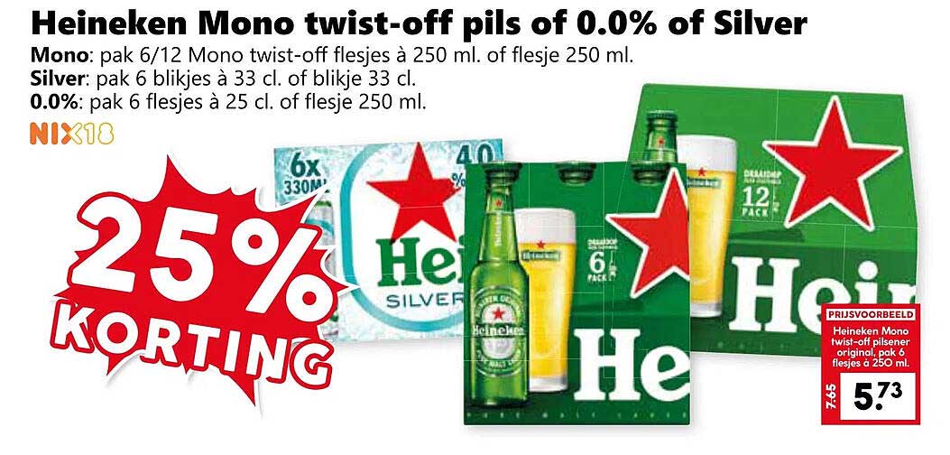 Heineken Mono twist-off pils of 0.0% of Silver