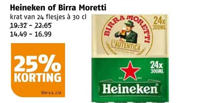 Heineken of Birra Moretti krat van 24 flesjes à 30 cl