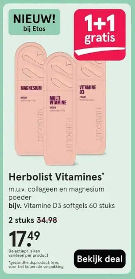 Herbolist Vitamines* m.u.v. collageen en magnesium poeder bijv. Vitamine D3 softgels 60 stuks