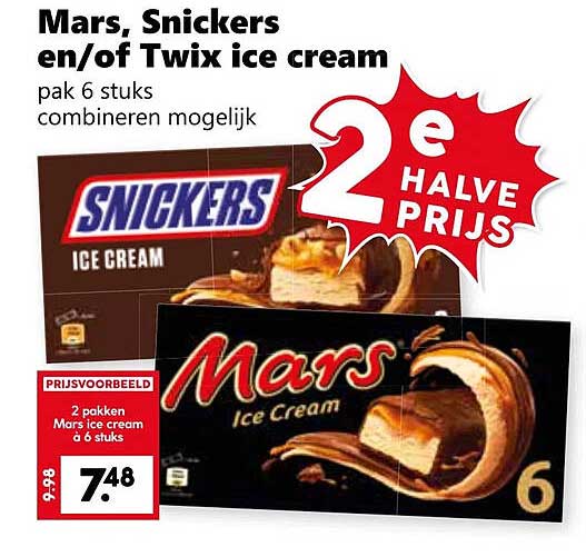 Mars, Snickers en/of Twix ice cream pak 6 stuks combineren mogelijk