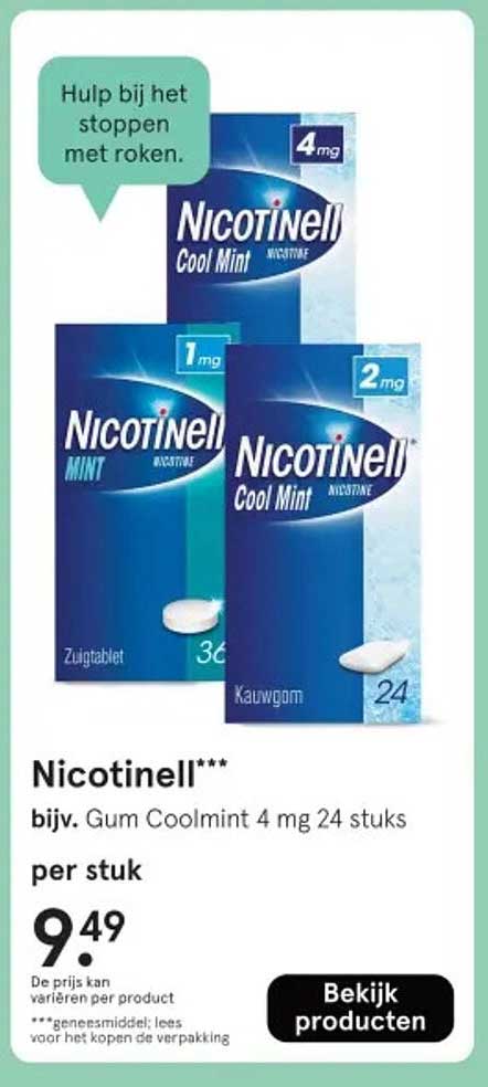Nicotinell*** bijv. Gum Coolmint 4 mg 24 stuks per stuk