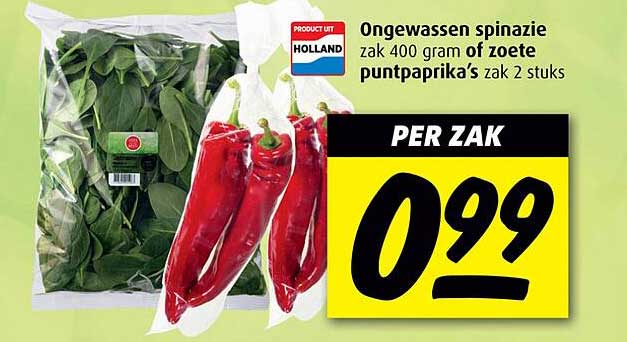 Ongewassen spinazie zak 400 gram of zoete puntpaprika’s zak 2 stuks