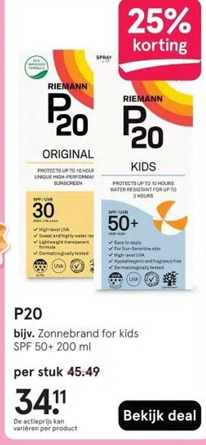 P20 bijv. Zonnebrand for kids SPF 50+ 200 ml