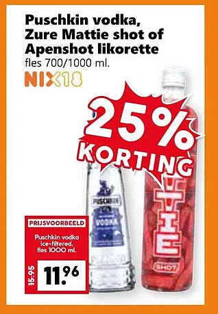 Puschkin vodka, Zure Mattie shot of Apenshot likorette fles 700/1000 ml.
