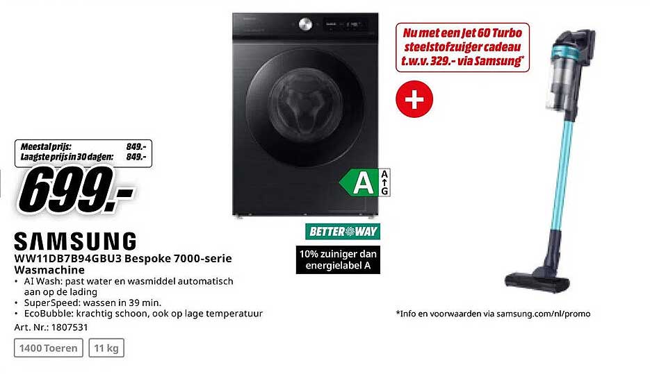 Samsung WW11DB7B94GBU3 Bespoke 7000-serie Wasmachine