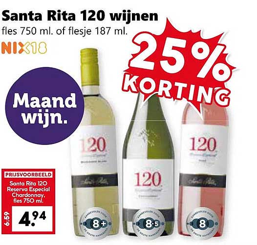 Santa Rita 120 wijnen, fles 750 ml. of flesje 187 ml.