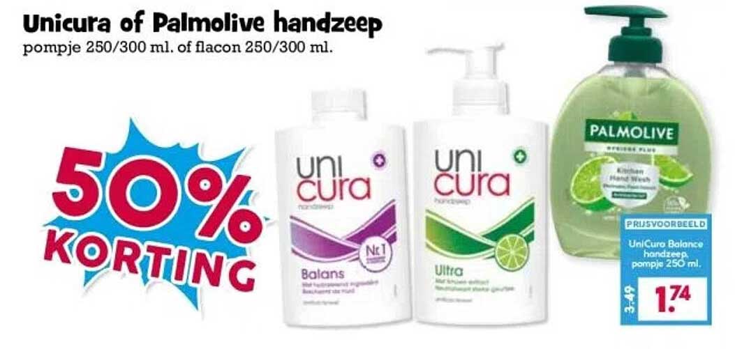 Unicura of Palmolive handzeep pompje 250/300 ml. of flacon 250/300 ml. 50% KORTING