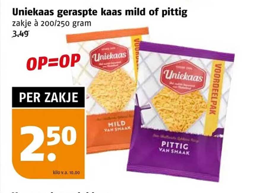 Uniekaas geraspte kaas mild of pittig zakje à 200/250 gram