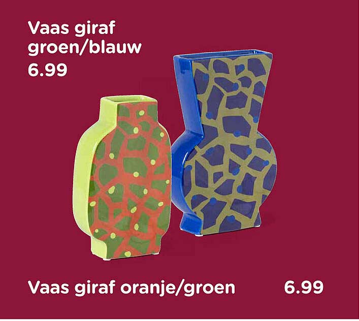 Vaas giraf groen/blauw 6.99 en Vaas giraf oranje/groen 6.99