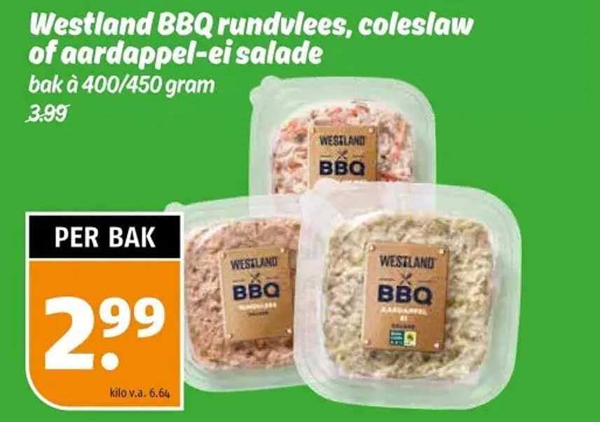 Westland BBQ rundvlees, coleslaw of aardappel-ei salade