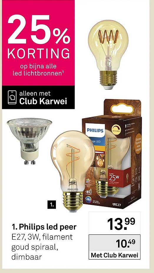 1. Philips led peer E27, 3W, filament goud spiraal, dimbaar