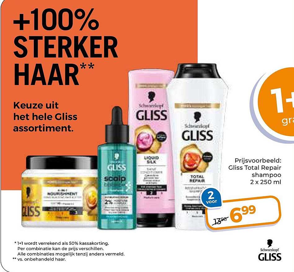 +100% STERKER HAAR** Keuze uit het hele Gliss assortiment. 1+1 gratis