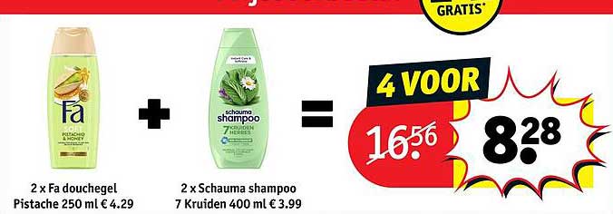 2 x Fa douchegel Pistache 250 ml € 4.29 + 2 x Schauma shampoo 7 Kruiden 400 ml € 3.99 4 VOOR