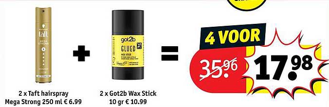 2 x Taft haarspray Mega Strong 250 ml + 2 x Got2b Wax Stick 10 gr 4 VOOR