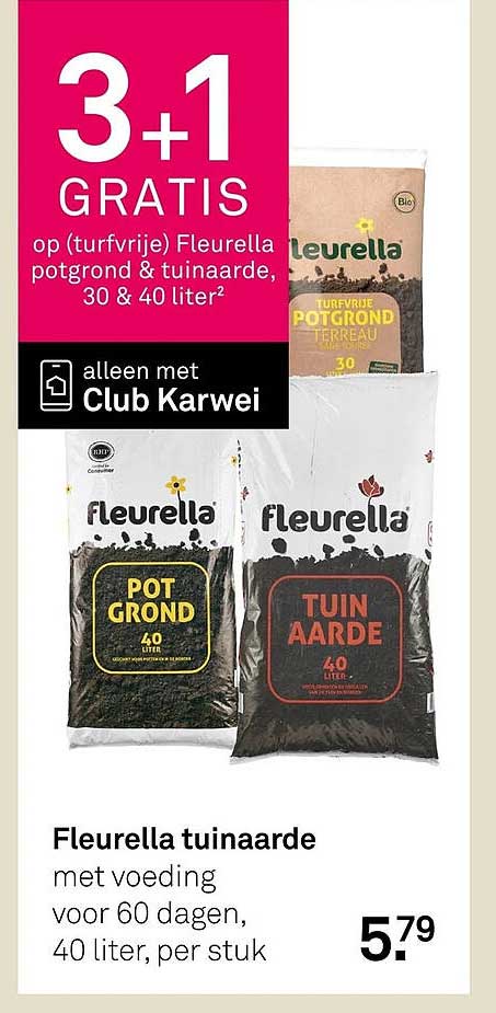 3+1 GRATIS op (turfvrije) Fleurella potgrond & tuinaarde, 30 & 40 liter²