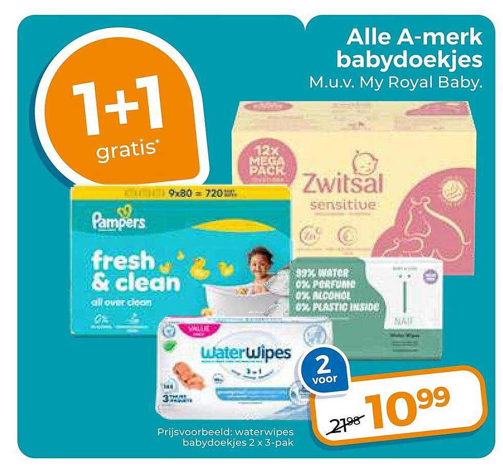 Alle A-merk babydoekjes M.u.v. My Royal Baby. 1+1 gratis
