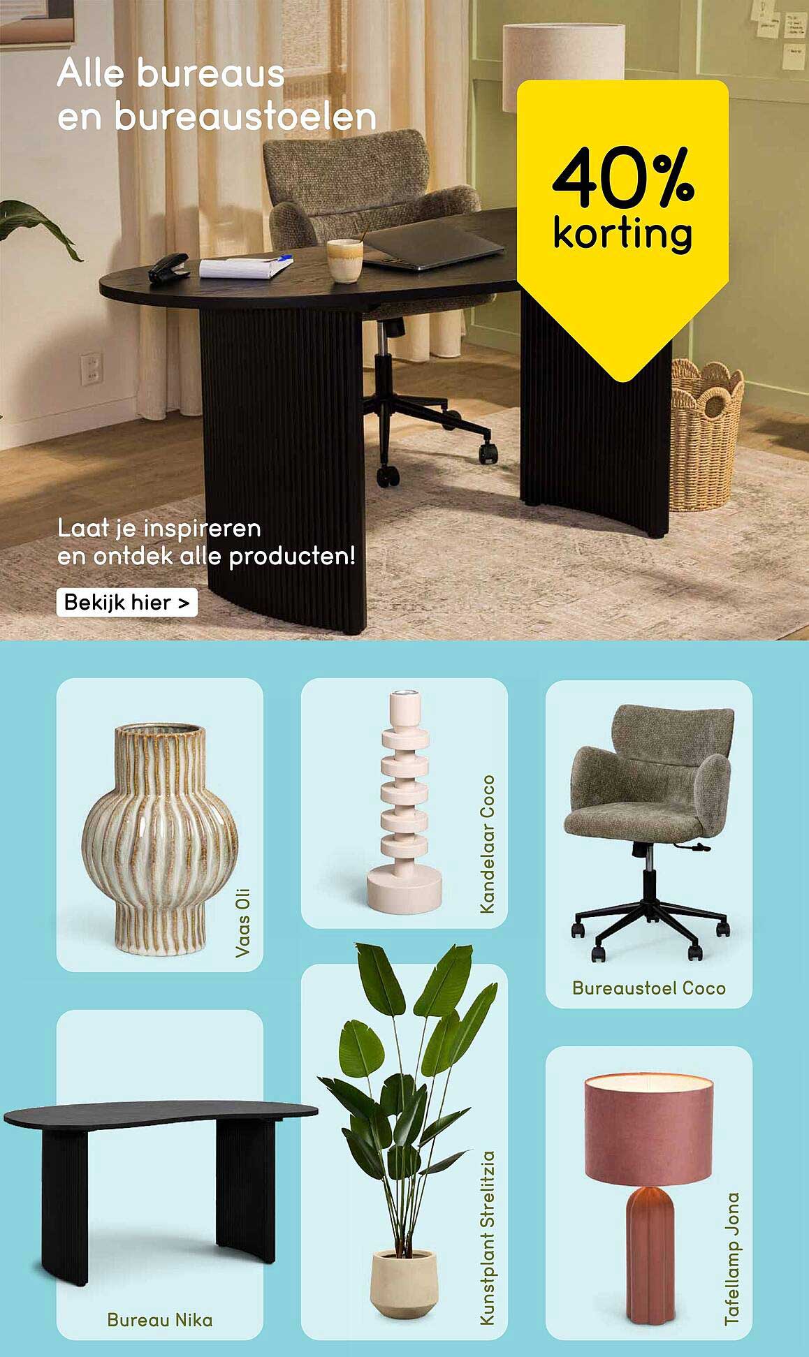 Alle bureaus en bureaustoelen 40% korting