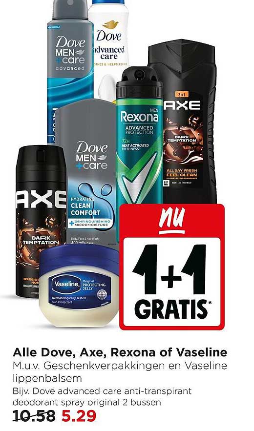 Alle Dove, Axe, Rexona of Vaseline 1+1 GRATIS