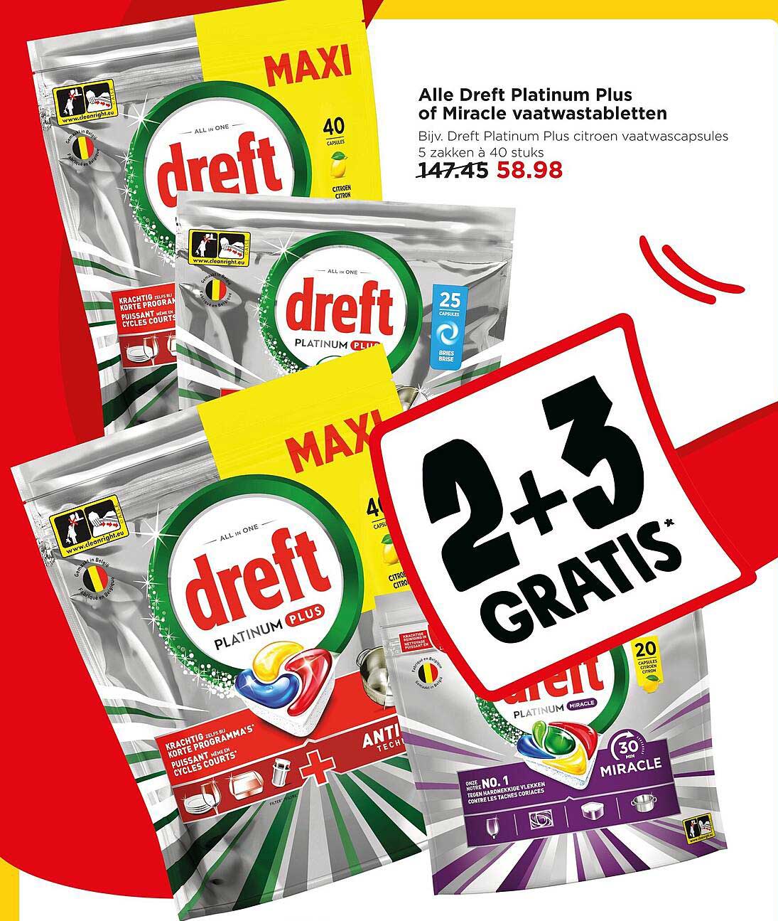 Alle Dreft Platinum Plus of Miracle vaatwastabletten 2+3 GRATIS