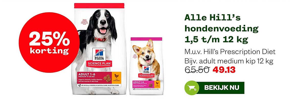 Alle Hill’s hondenvoeding 1,5 t/m 12 kg 25% korting