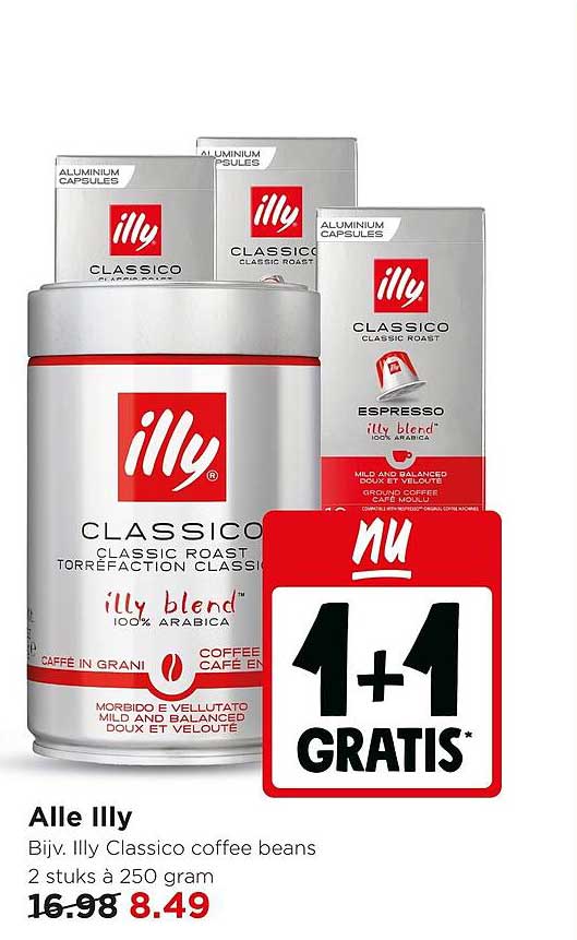 Alle Illy Bijv. Illy Classico coffee beans 2 stuks à 250 gram 1+1 GRATIS