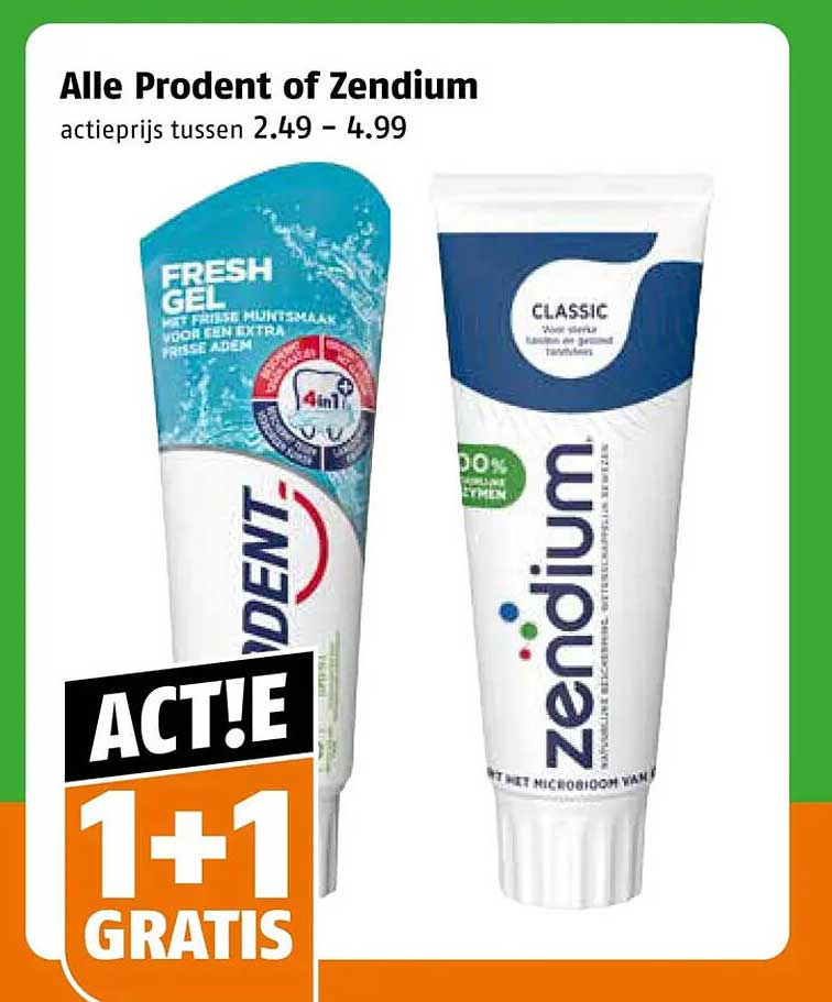 Alle Prodent of Zendium actieprijs tussen 2.49 - 4.99 1+1 GRATIS
