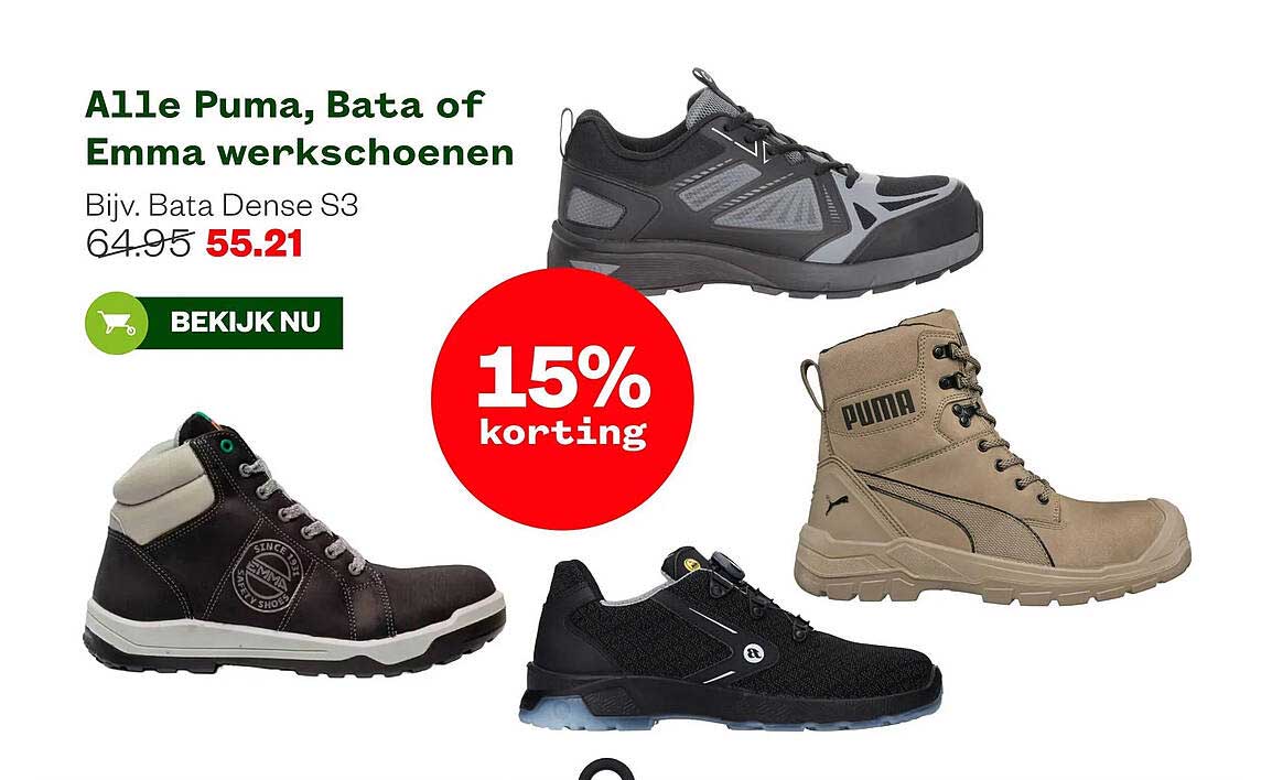 Alle Puma, Bata of Emma werkschoenen 15% korting