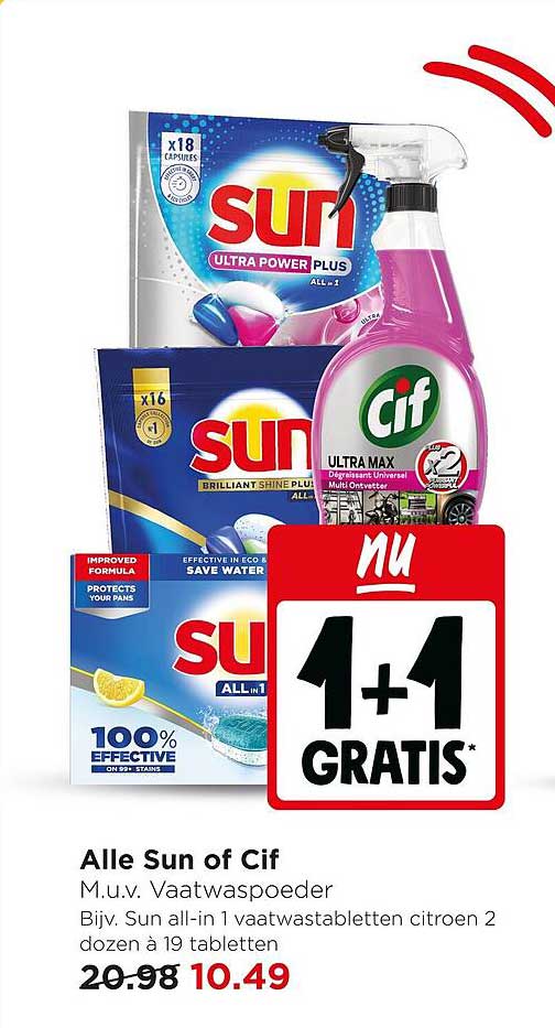 Alle Sun of Cif M.u.v. Vaatwaspoeder Bijv. Sun all-in 1 vaatwastabletten citroen 2 dozen à 19 tabletten 1+1 gratis
