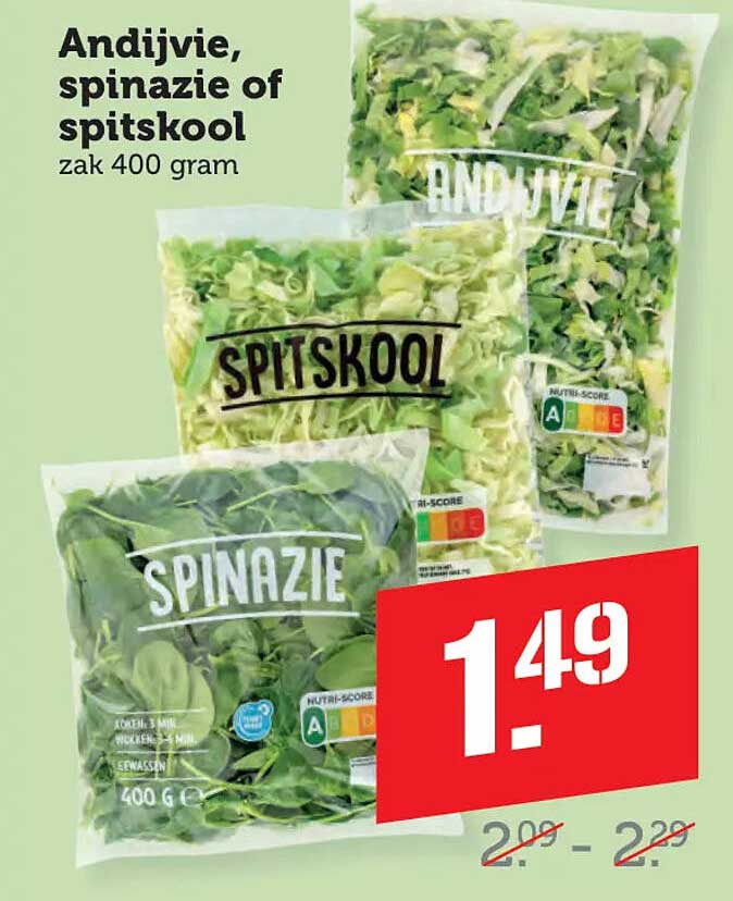 Andijvie, spinazie of spitskool zak 400 gram