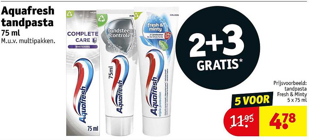 Aquafresh tandpasta 75 ml 2+3 GRATIS*