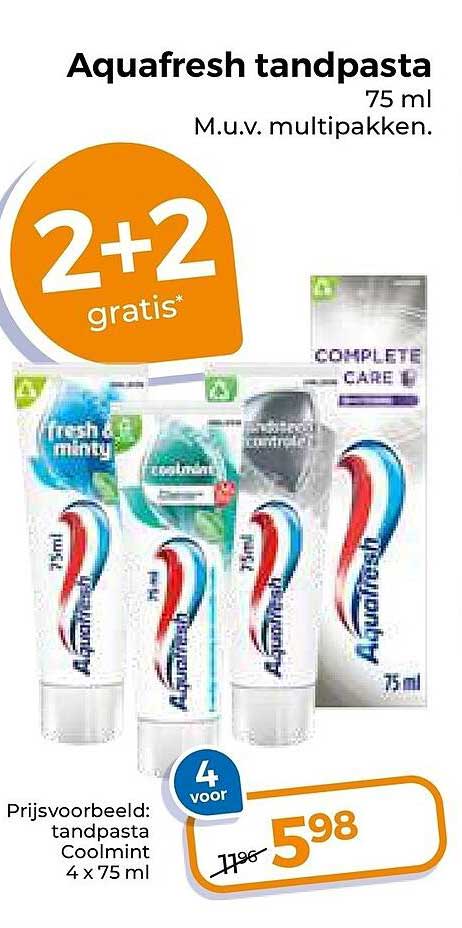 Aquafresh tandpasta 75 ml M.u.v. multipakken. 2+2 gratis