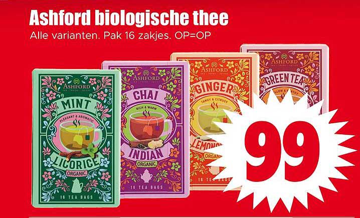 Ashford biologische thee Alle varianten. Pak 16 zakjes. OP=OP
