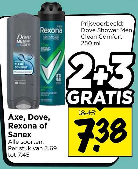 Axe, Dove, Rexona of Sanex Alle soorten. Per stuk van 3.69 tot 7.45 2+3 GRATIS