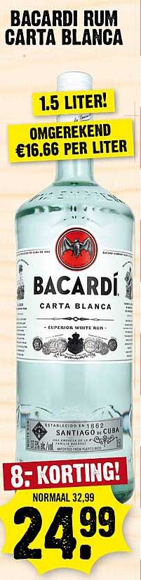 BACARDI RUM CARTA BLANCA 1,5 LITER! OMGEREKEND €16.66 PER LITER 8,- KORTING!