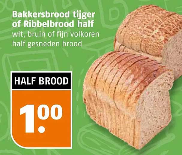 Bakkersbrood tijger of Ribbelbrood half wit, bruin of fijn volkoren half gesneden brood HALF BROOD