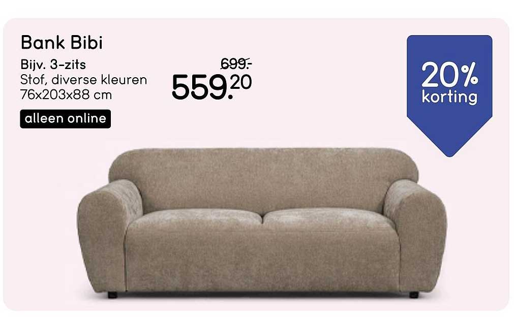 Bank Bibi Bijv. 3-zits Stof, diverse kleuren 76x203x88 cm alleen online 20% korting