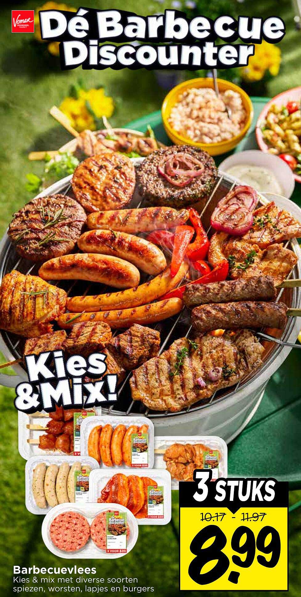 Barbecuevlees Kies & mix met diverse soorten spiezen, worsten, lapjes en burgers 3 STUKS