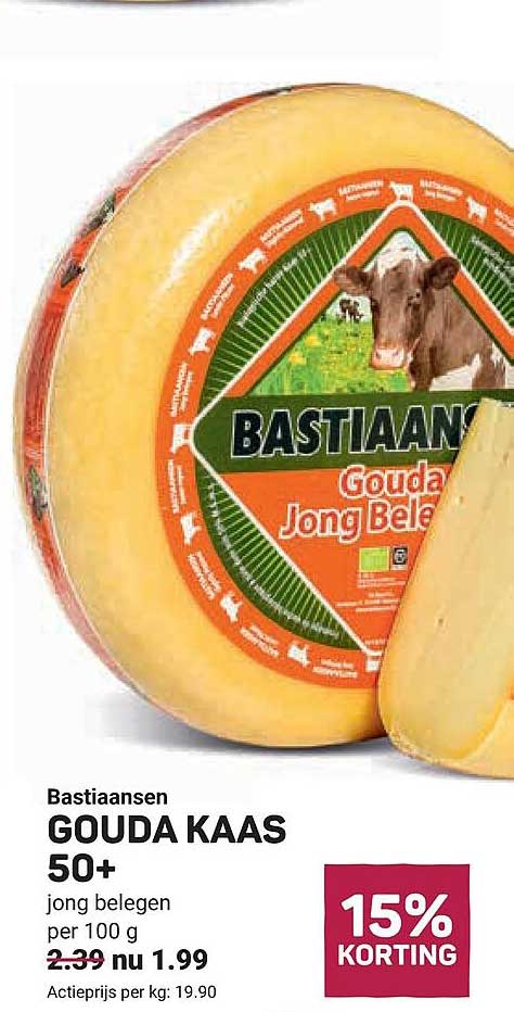 Bastiaansen GOUDA KAAS 50+ jong belegen per 100 g 15% KORTING