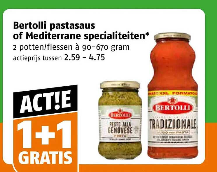 Bertolli pastasaus of Mediterrane specialiteiten* 1+1 gratis