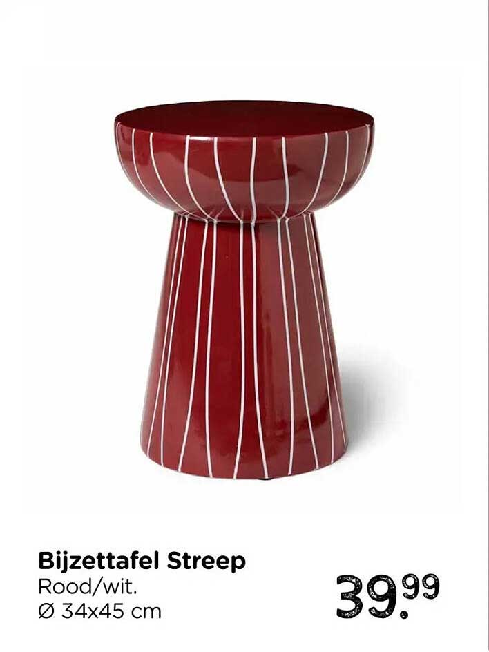 Bijzettafel Streep Rood/wit. Ø 34x45 cm