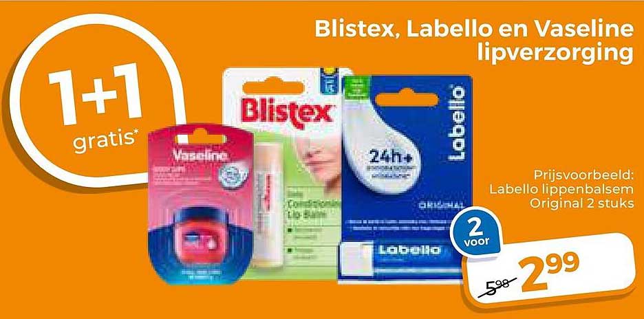 Blistex, Labello en Vaseline lipverzorging 1+1 gratis