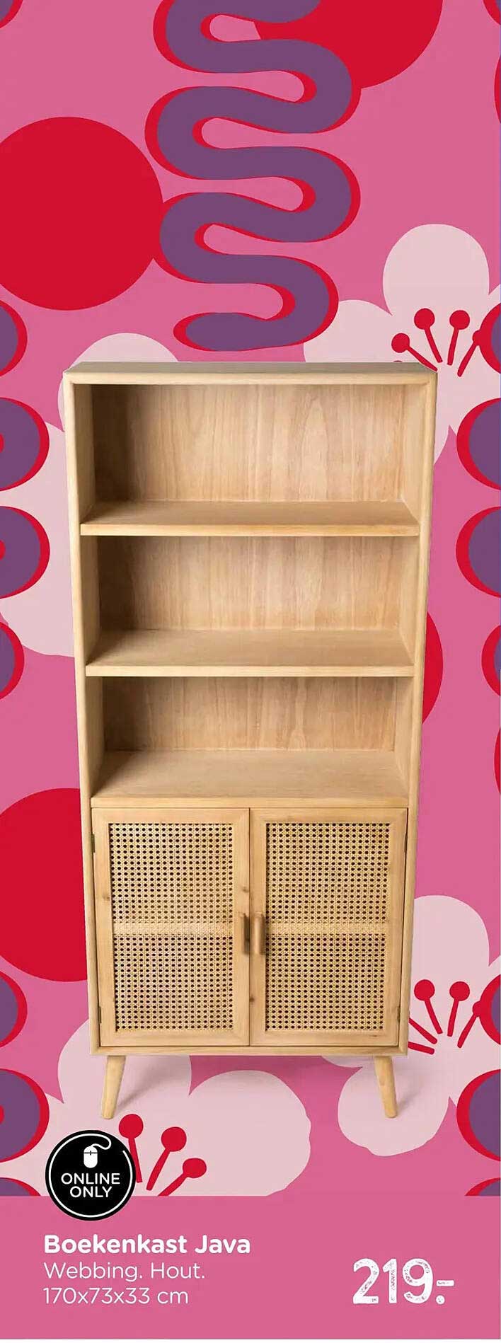 Boekenkast Java Webbing. Hout. 170x73x33 cm