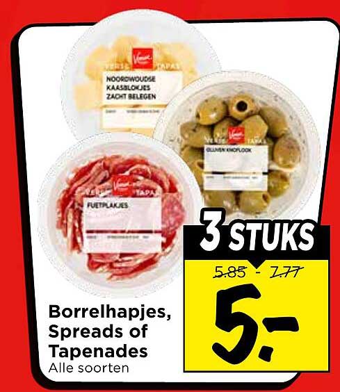 Borrelhapjes, Spreads of Tapenades Alle soorten 3 stuks